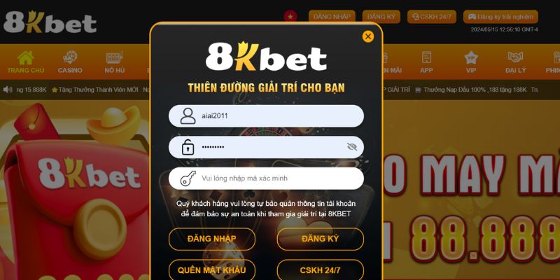 Chọn “Đăng nhập” tại website chính chủ 8KBET 